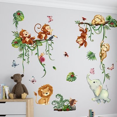 Stickers muraux chambre d'enfant sur thème de la jungle safari animaux sauvages Bébé Bambin - Bébé Bambin