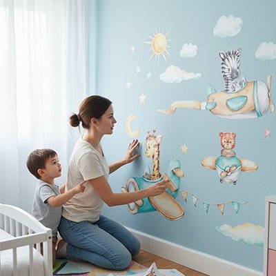Stickers autocollants muraux enfant | Rigolade avec les avions - Pyramide d'animaux - Bébé Bambin