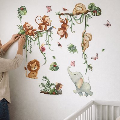 Stickers muraux chambre d'enfant sur thème de la jungle safari animaux sauvages Bébé Bambin - Bébé Bambin