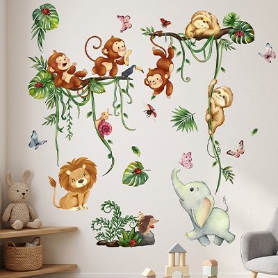 Stickers muraux chambre d'enfant sur thème de la jungle safari animaux sauvages Bébé Bambin - Bébé Bambin