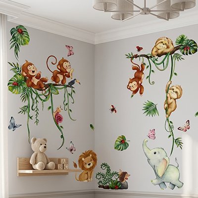 Stickers muraux chambre d'enfant sur thème de la jungle safari animaux sauvages Bébé Bambin - Bébé Bambin
